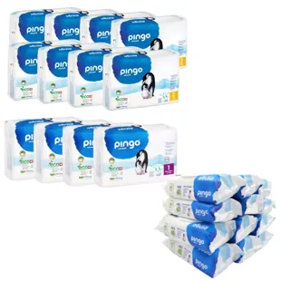 Pingo Pack Fraldas 3m T1 4x27 unidades + Fraldas T2 8x42 unidades + Toalhitas 12x80 unidades
