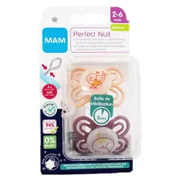 MAM Perfect Nuit Sucette Silicone +2m Oiseau Biche Lot de 2 + Boite de Stérilisation