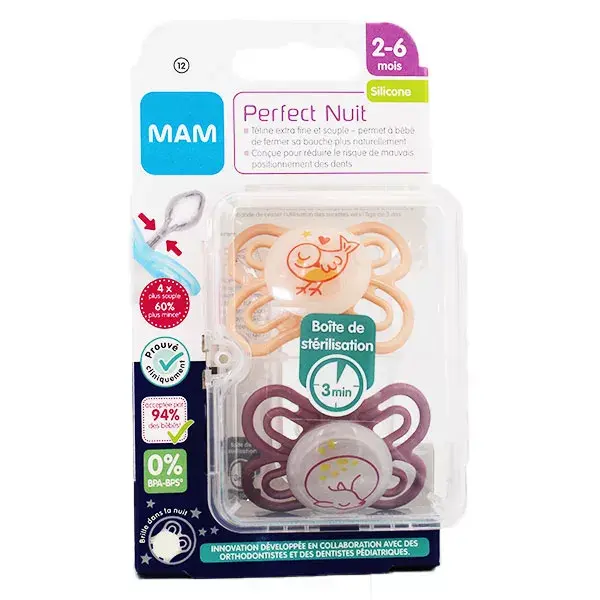 MAM Perfect Night Silicone Pacifier +2m Rabbit Pack of 2 + Sterilisation Box