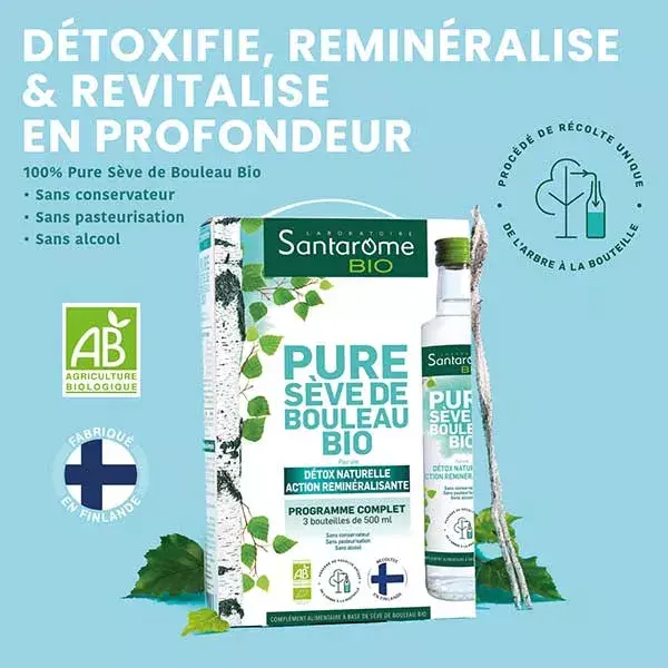 Santarome Bio - Pure Sève de Bouleau - Détoxifie, Reminéralise - Lot de 3x500ml