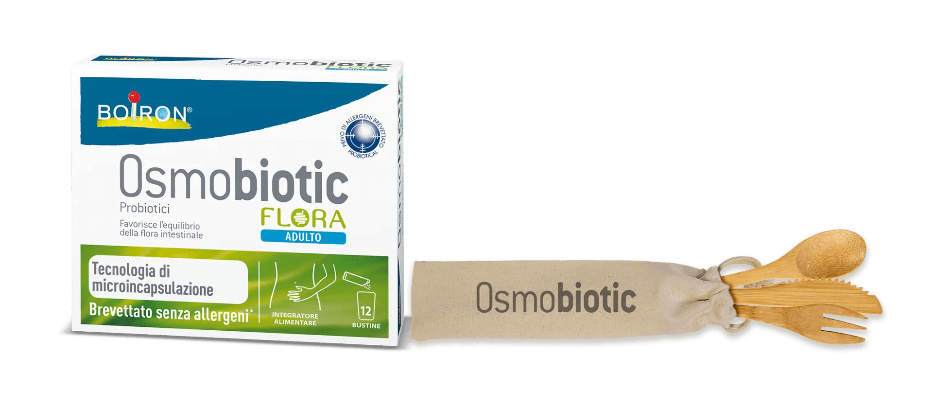 Boiron Osmobiotic Flora Adulto Integratore Probiotico 12 Bustine + Kit Posate Bamboo