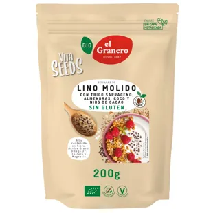 El Granero Integral Vitaseeds Linho Moído, Trigo Sarraceno, Amêndoa, Coco e Nibs de Cacau BIO 200 gr