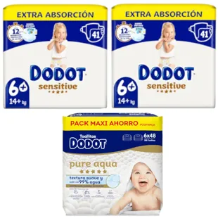 Dodot Sensitive Extra Diapers Size 6+ 2x41 units + Aqua Touch Wipes 288 units
