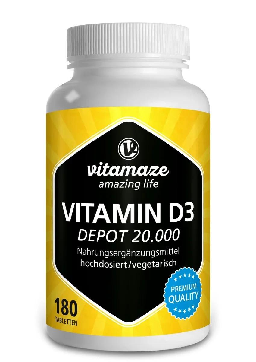 Vitamaze Vitamina D3 20000 UI Depot Ad Alto Dosaggio Integratore Vegetariano 180 Compresse