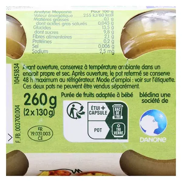 Blédina Les Récoltes Bio Pommes Ananas Lot de 2 x 130g