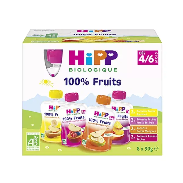 Hipp Bio 100% Fruits Gourde Multipack 4 varietà 4-6mesi Lotto di 8x90g