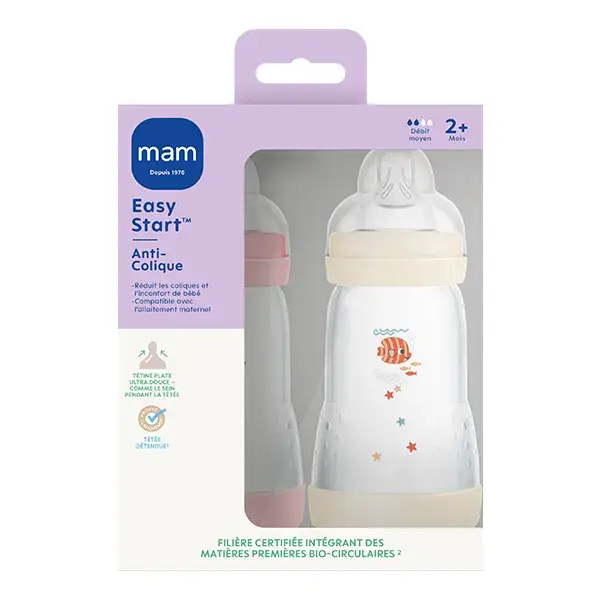 Mam Biberon Esac Classique 260Ml Bonbon + Coton Tétine Débit 2 2 x 260ml