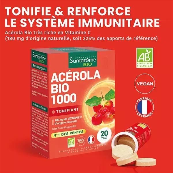 Santarome Organic Acerola 1000 Supplement - 2 x boxes of 10 Chewable Tablets 
