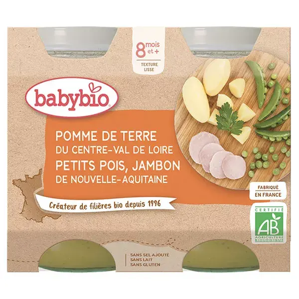 Babybio Repas Midi Pot Pomme de Terre Petits Pois Jambon +8m Bio 2 x 200g