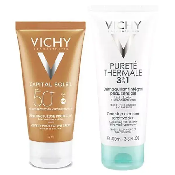 Vichy Capital Soleil Crème Onctueuse Protectrice SPF50+ 50ml + Pureté Thermale Lait Démaquillant Intégral 3 en 1 100ml Offert
