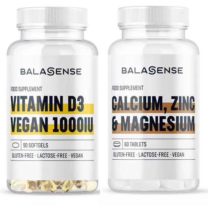 Balasense Calcio, Magnesio y Zinc 90 Comprimidos + Vitamina D3 Vegana 1000UI 60 Perlas