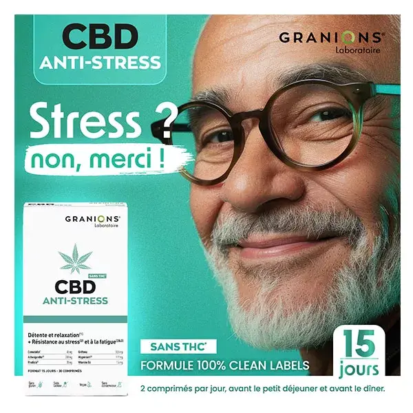 Granions CBD Anti-Stress - Cannabidiol + Ashwagandha - Sans THC - 30 Comprimés