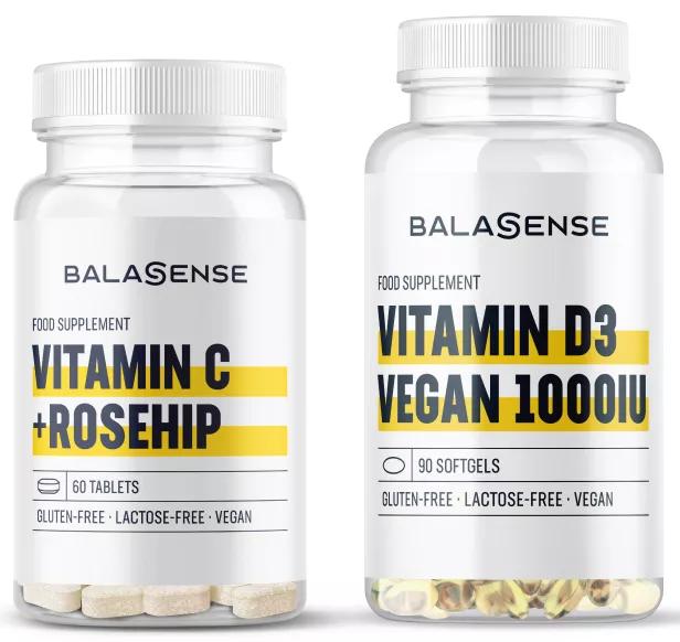 Balasense Vitamina D3 Vegan1000 UI 90 Cápsulas Blandas + Vitamina C+Rosa Mosqueta 60 Tabletas