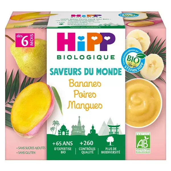 Hipp Bio 100% Fruits Coupelle Bananes Poires Mangues +4m 4 x 100g