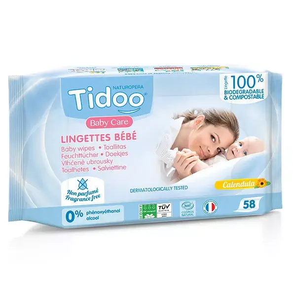 Tidoo Toallitas sin perfume de caléndula Bio compostables 58 toallitas