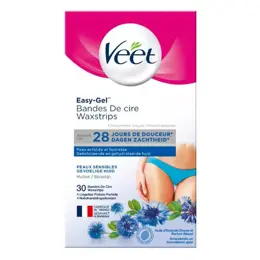 Veet Easy-Gel Épilation Maillot Aisselles Peaux Sensibles 30 bandes de cire froide