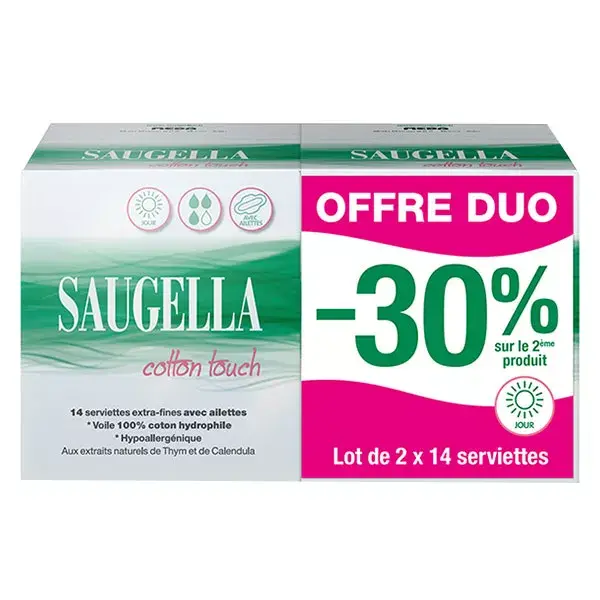 Saugella Cotton Touch Serviette Extra Fine avec Ailette Jour Lot de 2 x 14 protections