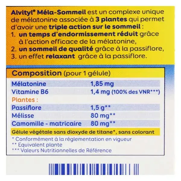 Alvityl Méla-Sommeil Mélatonine + 3 plantes + vitamine B6 dès 18 ans 30 gélules