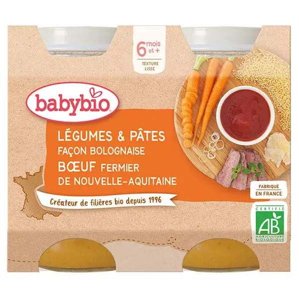 Babybio Petits Pots Légumes & Pâtes façon Bolognaise Bœuf fermier de Nouvelle-Aquitaine +6m Bio 2 x 200 g