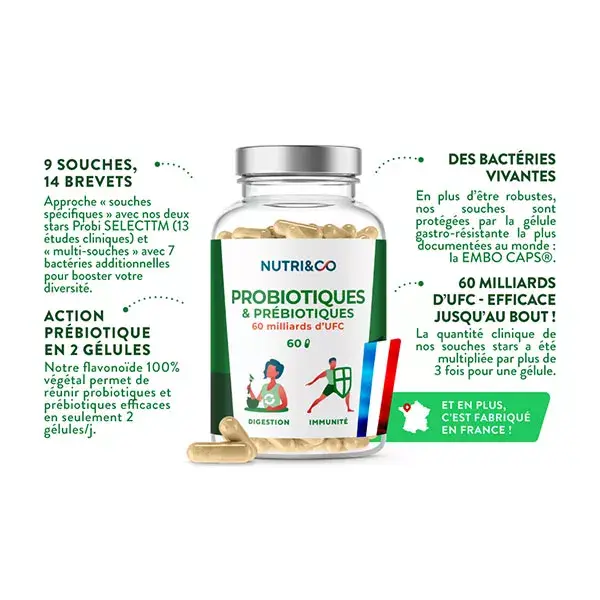 Nutri&Co Probio Pré et Probiotiques pour Flore Intestinale 60 gélules