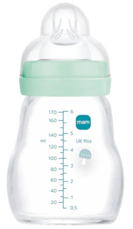Biberon en verre MAM Feel Good à débit lent bleu mat 0-2 mois 170 ml
