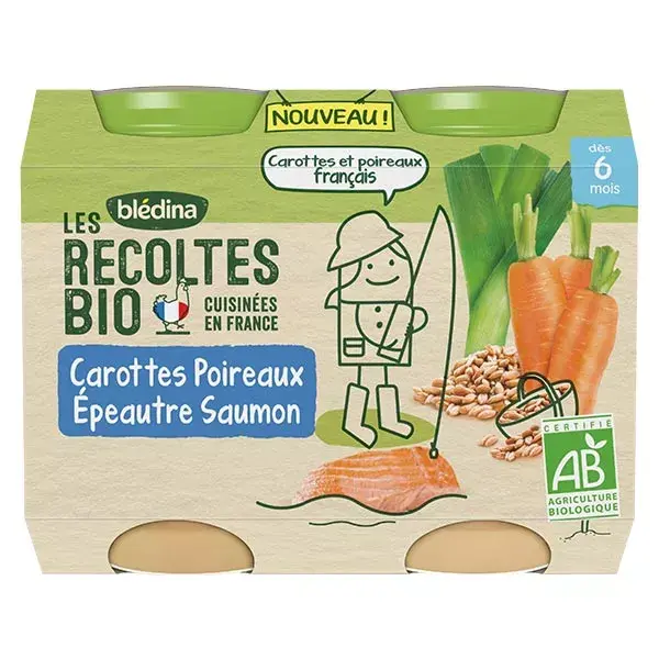 Blédina Les Récoltes Bio Carottes Poireaux Epeautre Saumon Lot de 2 x 200g