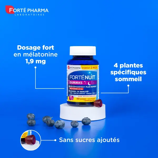 Forté Pharma FortéNuit Gummies Mélatonine 1,9 mg Plantes GABA Sommeil 60 gommes