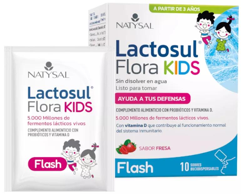 Natysal Lactosul Flora Kids +3 jaar Aardbei 10 orodispergeerbare zakjes