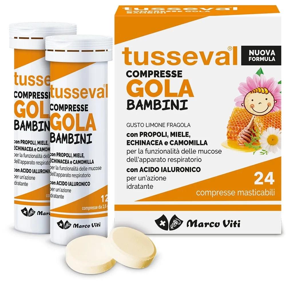 Tusseval Gola Bambini Mal di Gola 24 Compresse Masticabili Limone e Fragola