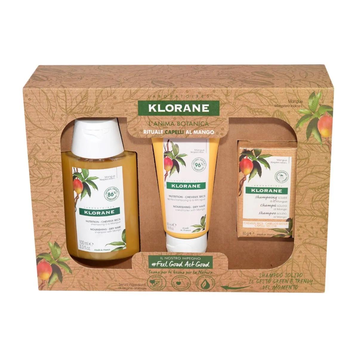 Klorane Cofanetto Mango Con Shampoo 100 ml + Balsamo 50 ml + Shampoo Solido 80 g