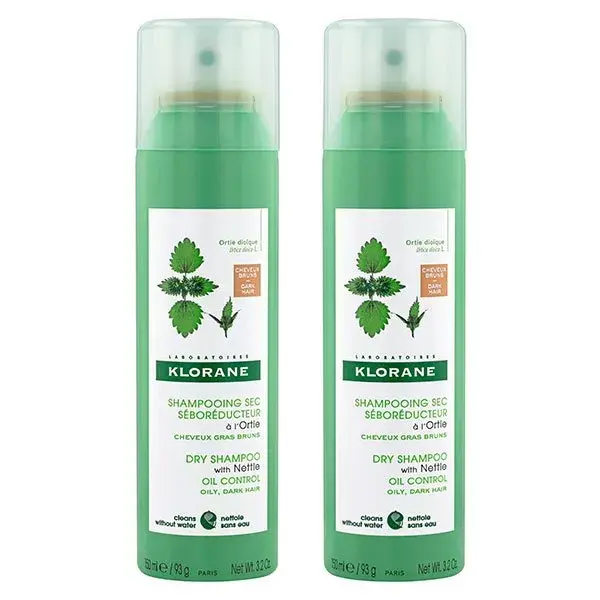 Klorane Duo Spray Shampoing Sec à l'Ortie Teinté Cheveux Gras Châtains à Bruns Lot de 2 x 150ml