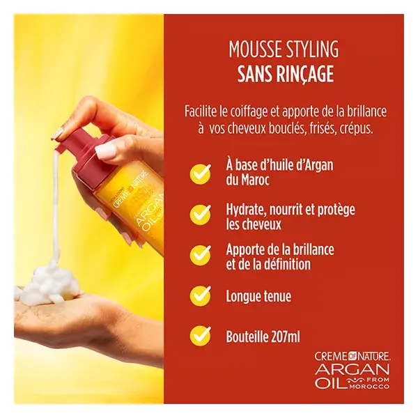 Creme of nature, Argan, Mousse Style and Shine sans sulfate, 207ml