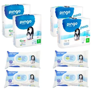 Fraldas Pingo T6 2x32 unidades + Fraldas-Calcinhas T6 2x26 unidades + Toalhetes 4x80 unidades