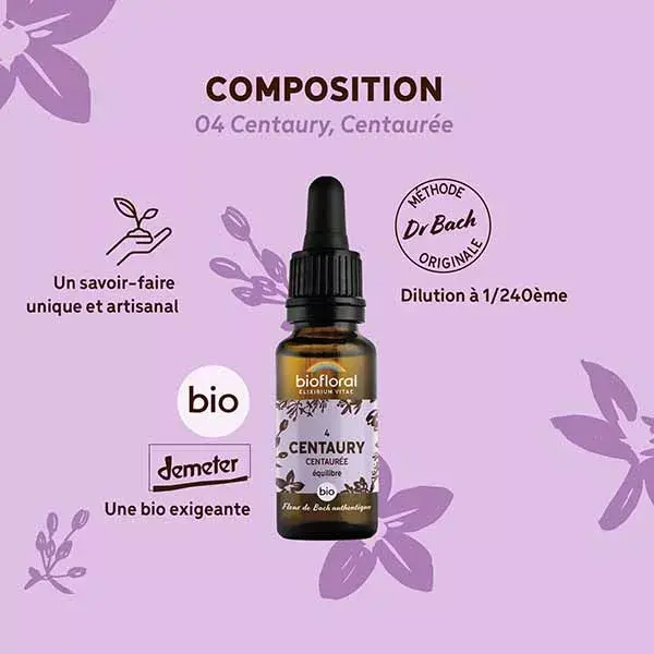 Biofloral Fleur De Bach 04 Centaury Centaurée Compte Gouttes Bio Demeter 20 ml