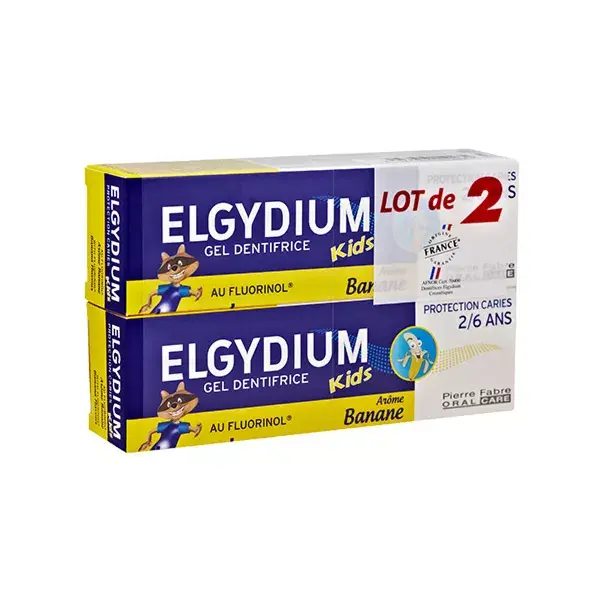 Banana di Elgydium dentifricio bambini protezione carie gusto sacco di 2 x 50ml