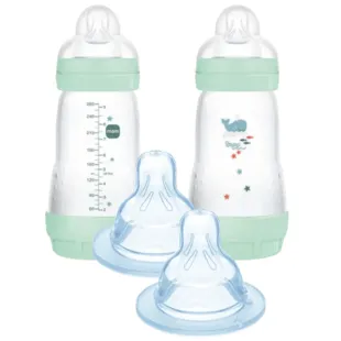 Biberão MAM Easy Start Anti-cólicas Fluxo Médio Azul Brilhante 2-4m 2x260 ml + Tetina 2 Fluxo Médio +2m 2 unidades
