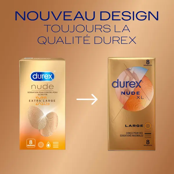 Durex Préservatifs Nude XL - 8 Préservatifs Fins et Extra Larges