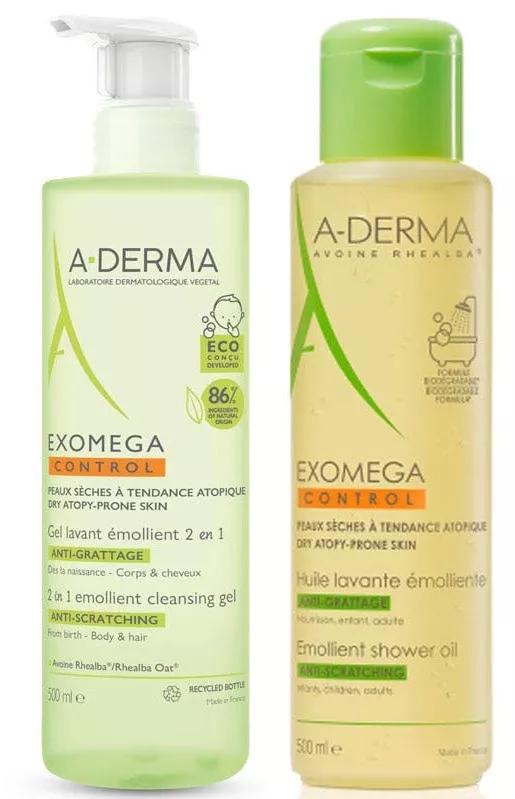 A-Derma Exomega Gel Emoliente Corpo e Cabelo 500 ml + Óleo de Duche 500 ml