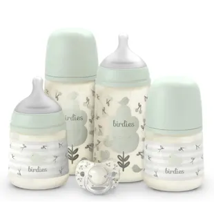 Suavinex Birdies Set: Slow Flow Bottle 2x150ml + Medium Flow Bottle 2x270ml + Green Pacifier 0-6m