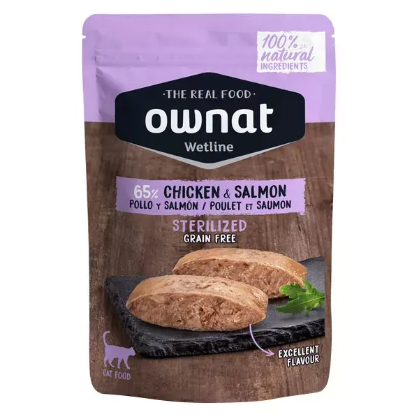 Ownat Grain Free Aliments Humides Chat Stérilisé 65% Poulet et Saumon Sachet 85gr