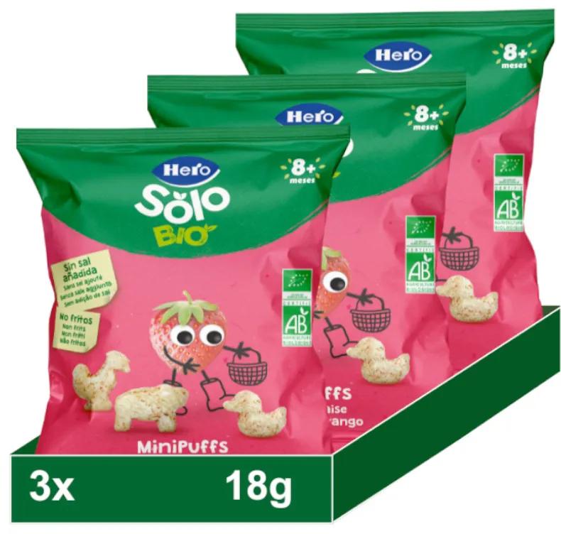 Hero Solo Bio MiniPuffs Biologische Aardbeien Snack +8m 3x18 gr