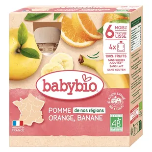 Babybio Mes Fruits Purea Mela Arancia Banana dai 6 mesi 4 x 90g