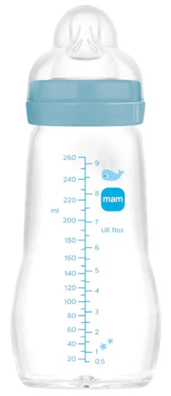 Biberon en verre MAM Feel Good à débit moyen, bleu mat, 2-4 mois, 260 ml