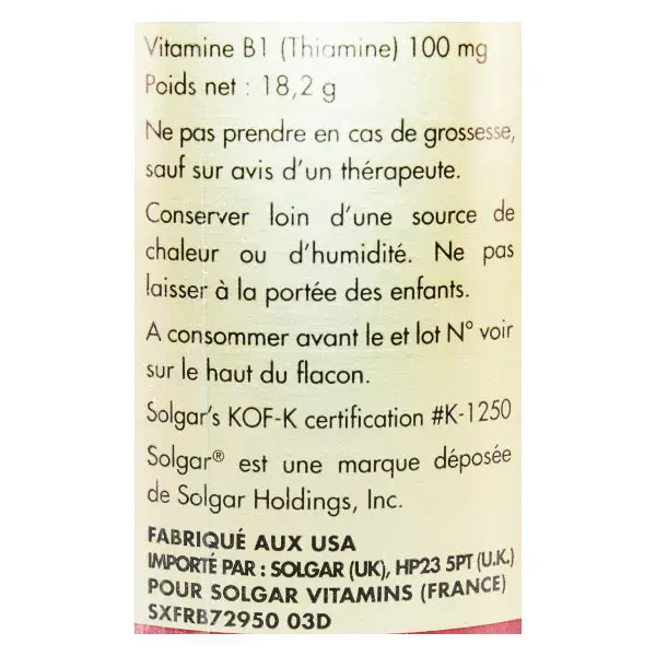 Solgar vitamina B1 tiamina 100 mg Integratore Alimentare 100 capsule vegetali