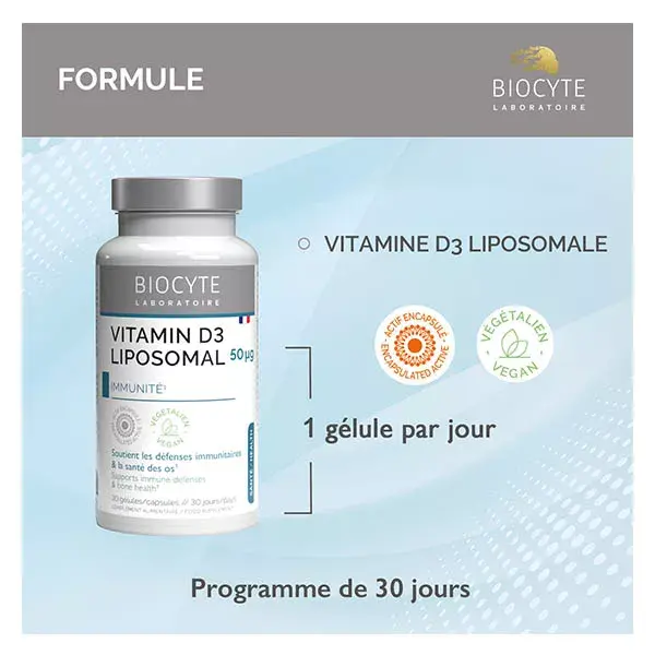 Biocyte Vitamine D3 2000 UI Liposomal Immunité et Maintien des Os 30 Gélules