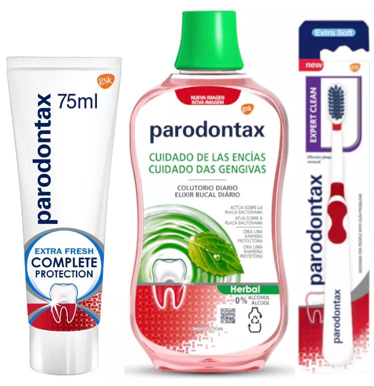Parodontax Herbal Gum Mundwasser 500 ml + Extra Fresh Complete Protection 75 ml + Zahnbürste