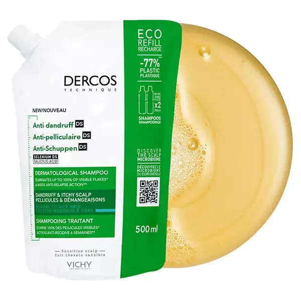 Vichy Dercos Technique Éco-Recharge Antipelliculaire DS Shampooing Traitant Pellicules & Démangeaisons Cheveux Normaux à Gras 500ml