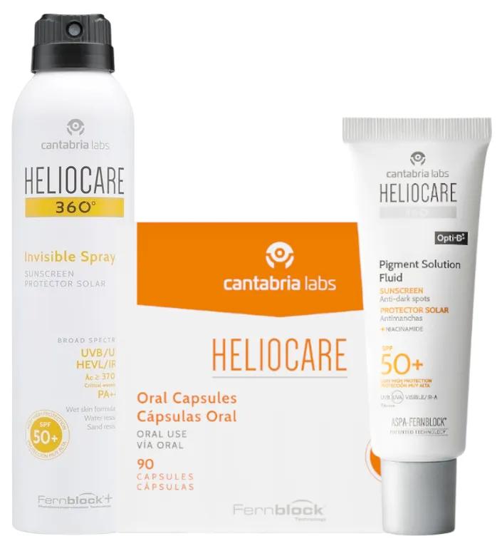 Heliocare 90 Kapseln + Pigmentlösung SPF50+ 50 ml + Unsichtbares Spray SPF50 200 ml