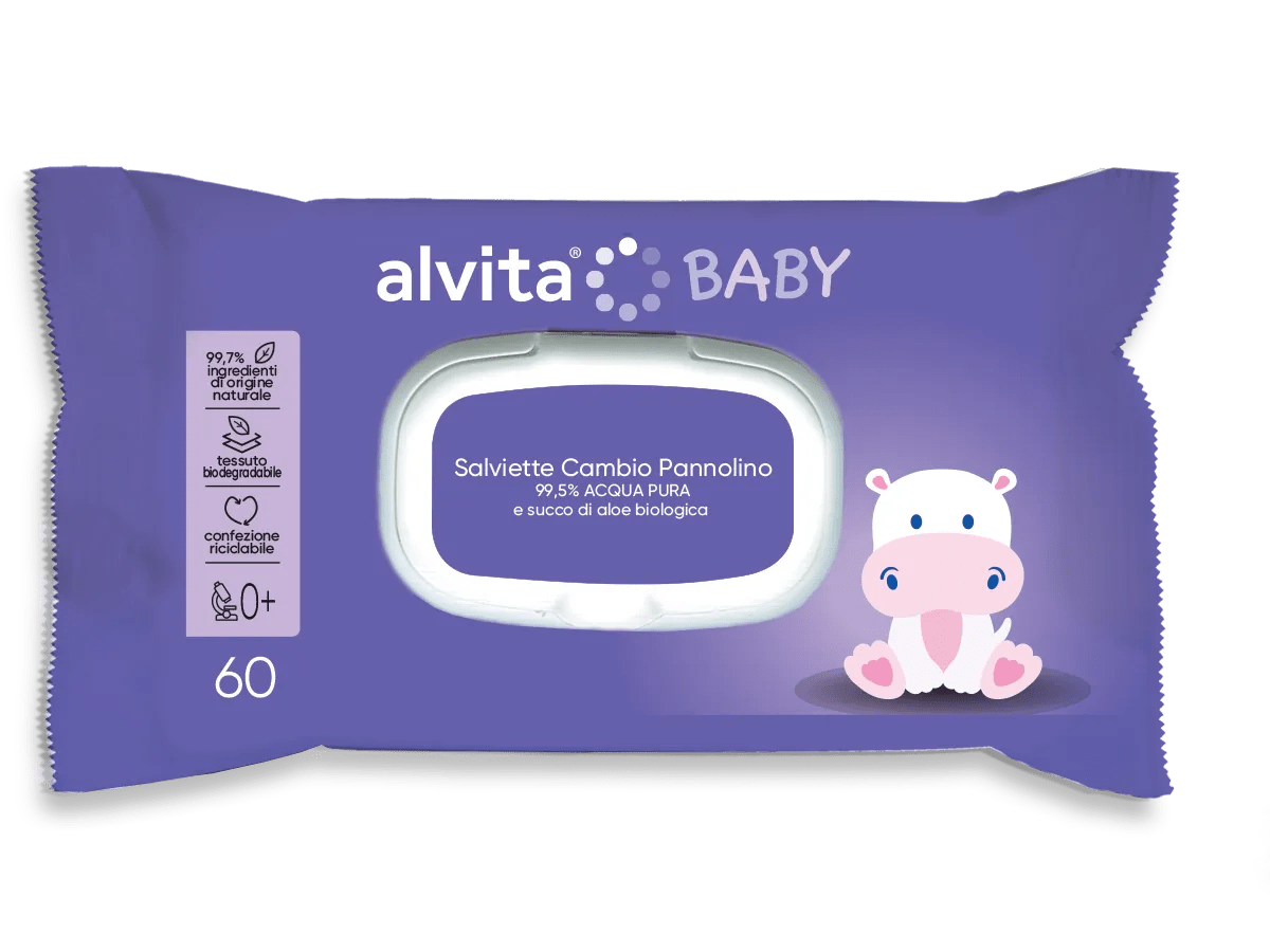 Alvita Baby Salviette Cambio Pannolino Pure Water Con Acqua Pura e Succo di Aloe Bio 60 Pezzi