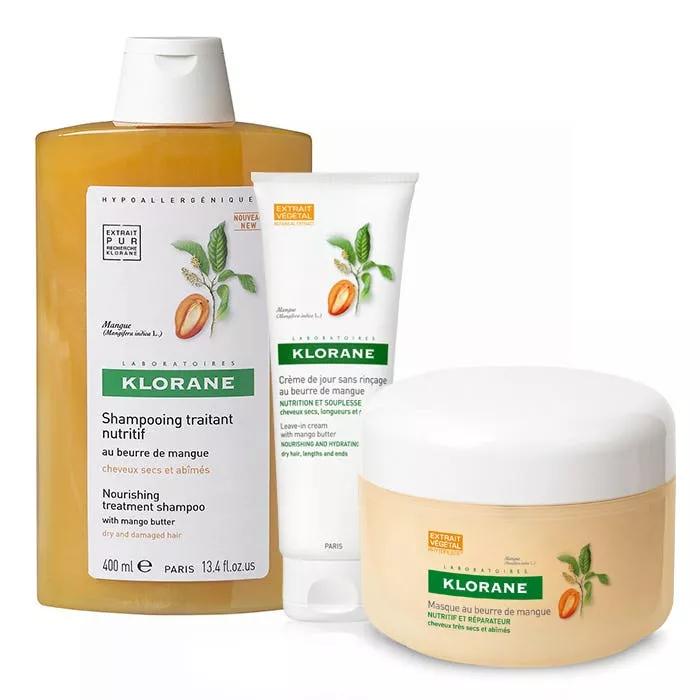 Klorane Champu Mango 400 ml + Mascarilla Capilar Mango 150 ml + Crema de Día Capilar de Mango 125 ml Sin Aclarado